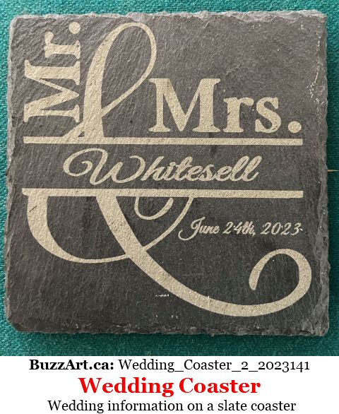 Wedding information on a slate coaster
